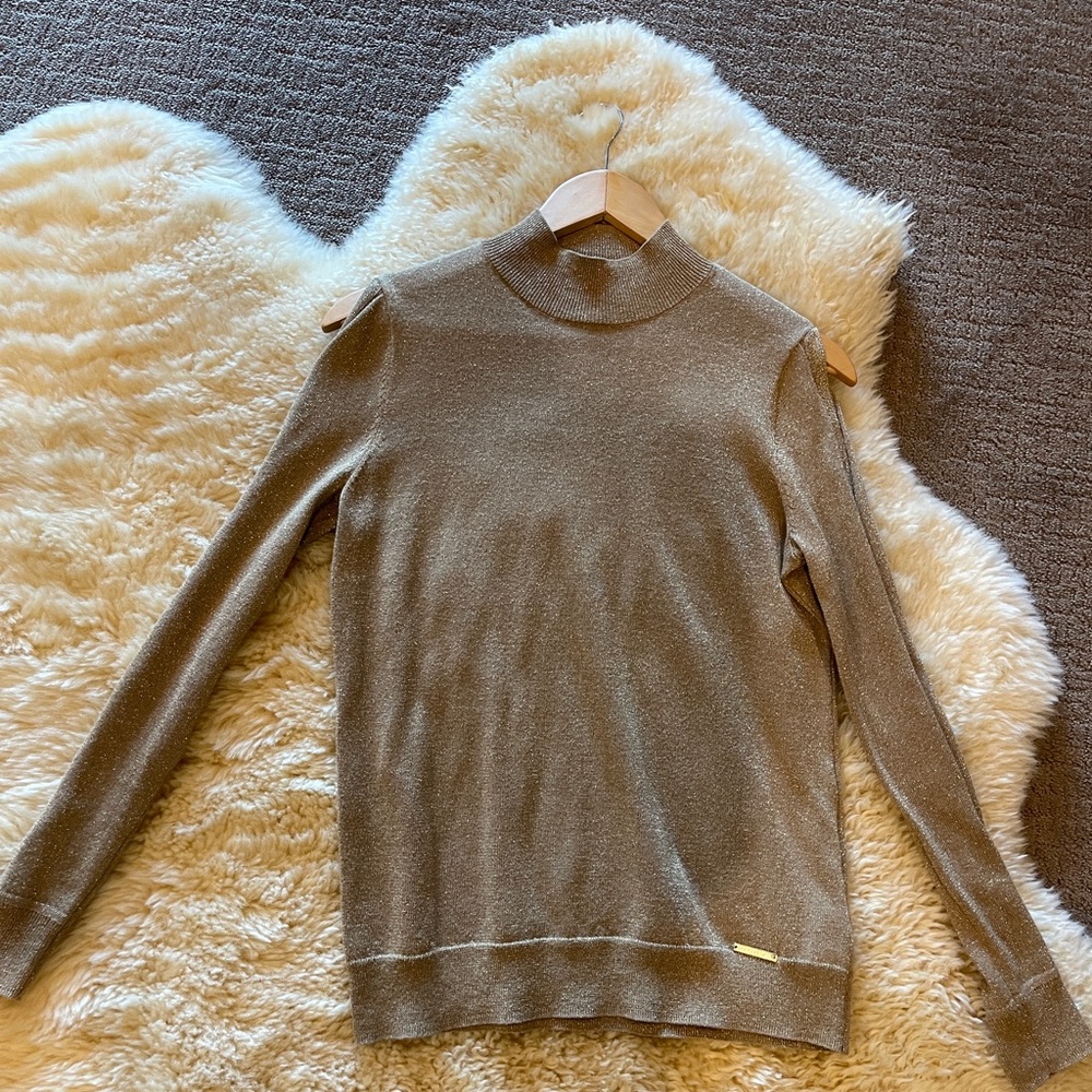 Original Michael Kors Large Tan Gold Shimmer Long Sleeve Sweater Women T…